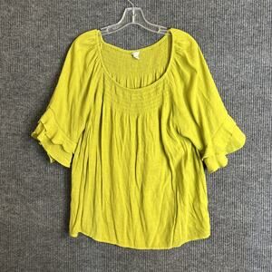 Cato Womens Boho Blouse Size 18/20 Green Smocked Gauzy Short Sleeve Peasant Top